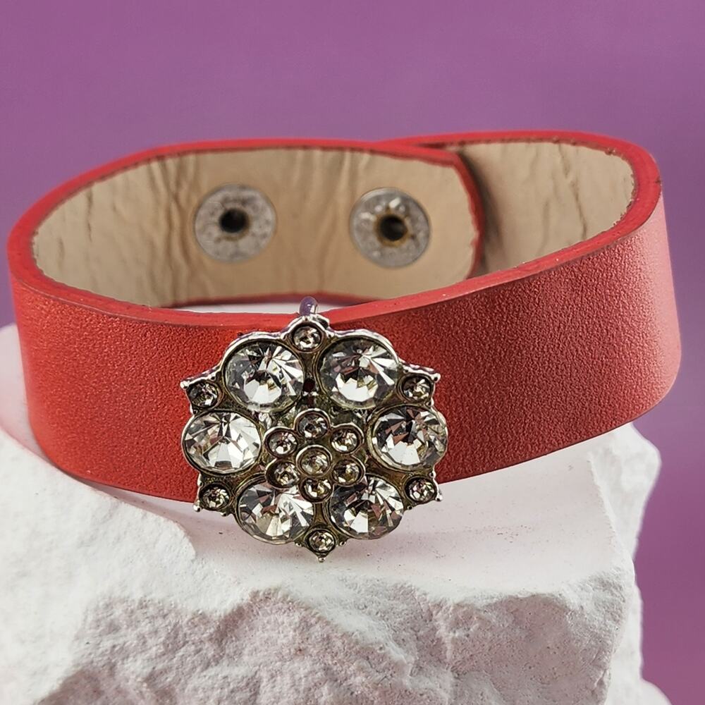 Red Orange Rhinestone Flower Snap Cuff Bracelet Sparkly Boho Statement